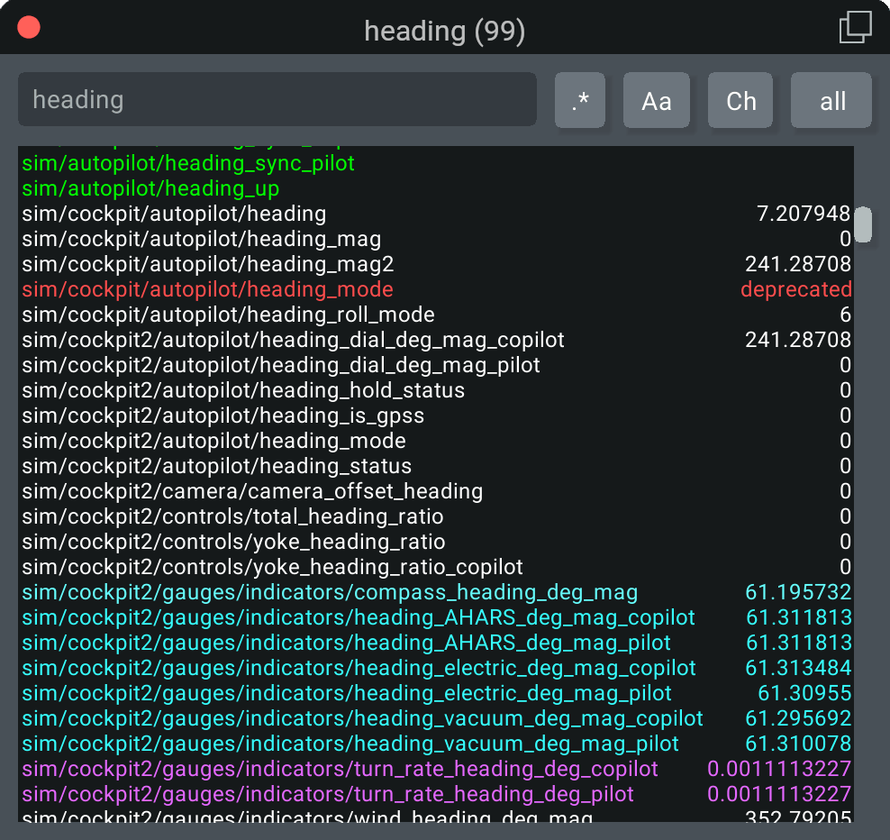 Screenshot of DataRefTool, showing coloring of result lines
