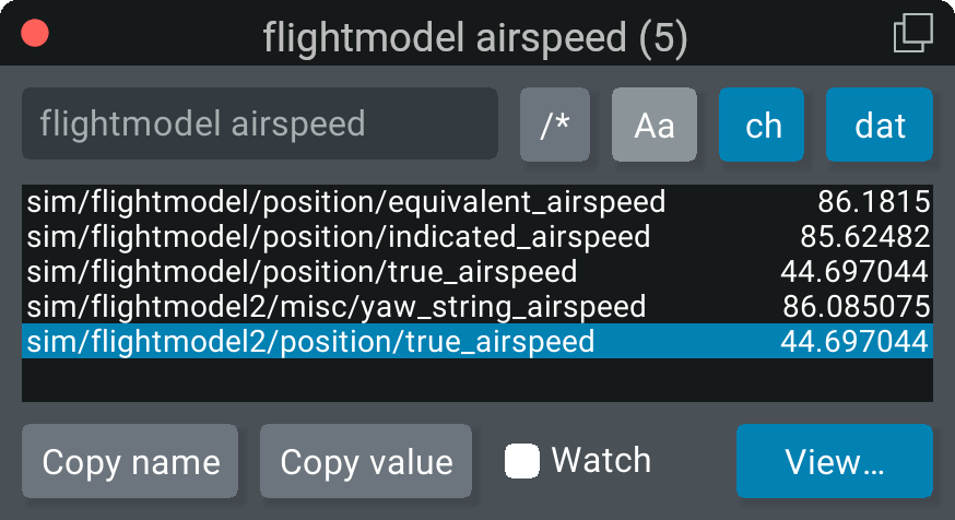 Search window, while filtering for changing datarefs